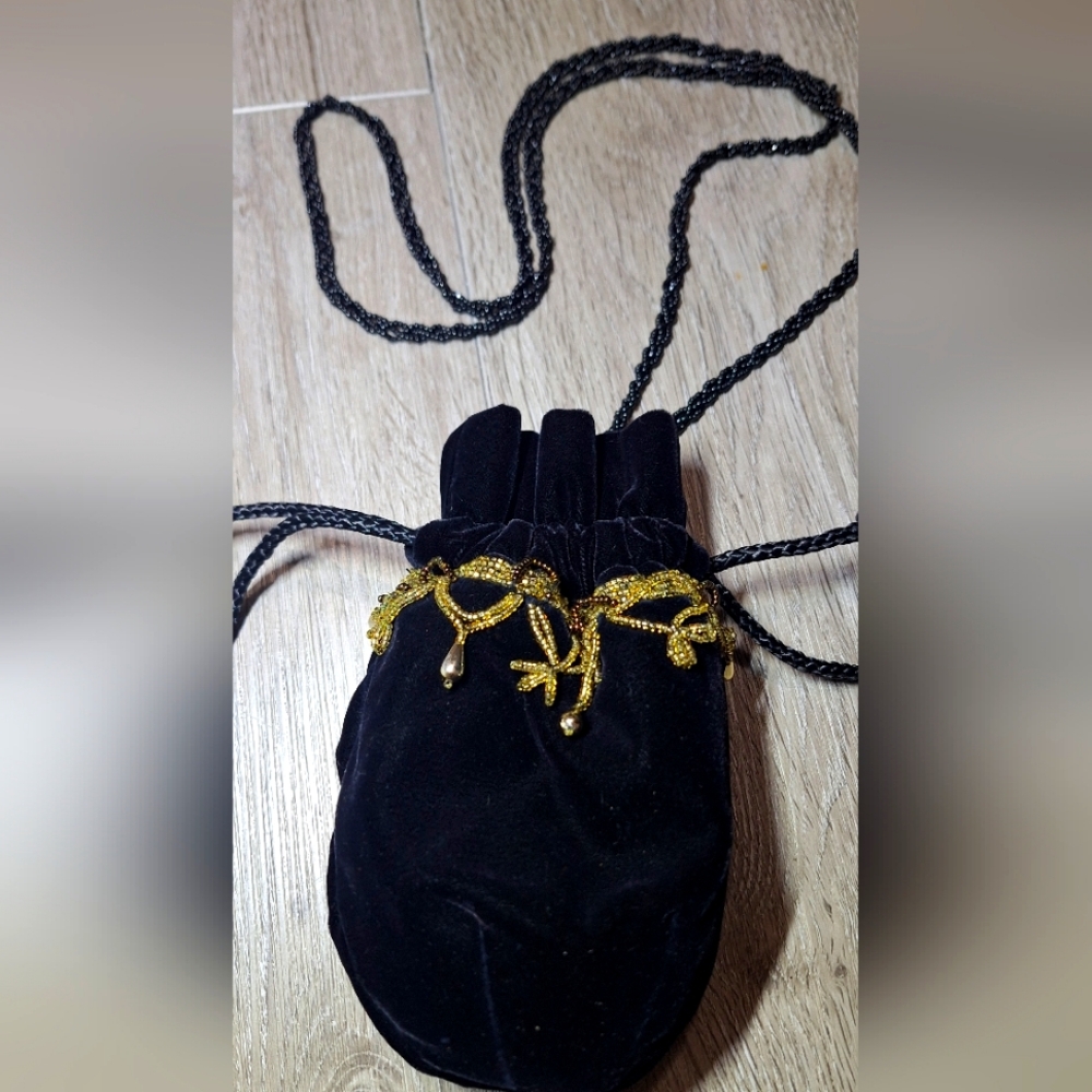 Black Velvet Drawstring Beaded Strap Gold Beaded Trim Bucket Evening Bag